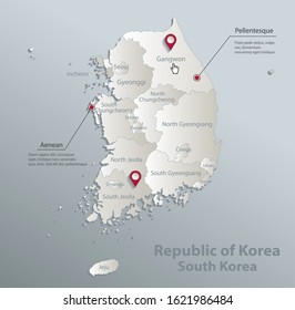 Sout Korea map, Republic of Korea, administrative division with names, blue white card paper 3D vector