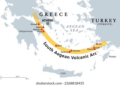 Mapa del Arco Volcánico del Sur del Egeo. Cadena de volcanes formados por tectónica de placas, causada por la subducción del africano bajo la placa euroasiática, elevando el arco del Egeo sobre lo que hoy es el Mar Egeo.