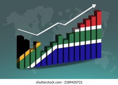 South Africa 3D bar chart graph with ups and downs, increasing values, South Africa country flag on 3D bar graph, upward rising arrow on data, news banner idea, developing country concept