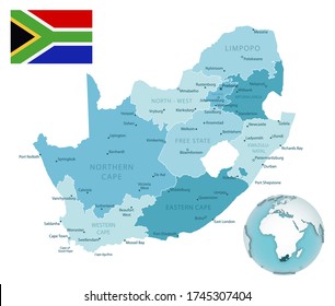 South Africa administrative blue-green map with country flag and location on a globe. Vector illustration