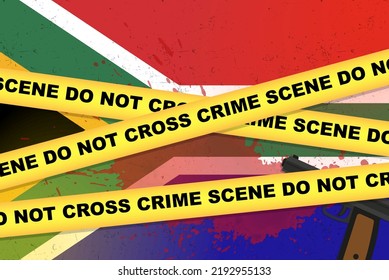 Südafrika bewaffneter Angriff, Vektorbanner, Shooting-Konzept, bewaffneter Angriff mit Gewehr- und Blutfleck auf der Flagge Südafrikas, gelbe Polizei-Band, Komposition der Kriminalszene, Draufsicht, flaches Design