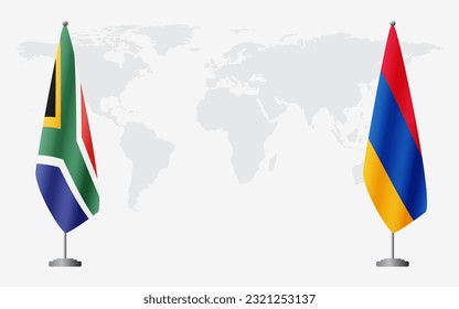 South Africa and Armenia flags for official meeting against background of world map.