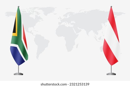 South Africa and Austria flags for official meeting against background of world map.