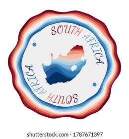 South Africa badge. Map of the country with beautiful geometric waves and vibrant red and blue frame. Vivid round South Africa logo. Vector illustration.