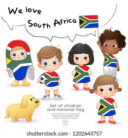 South Africa : Boys and girls holding flag and wearing shirts with national flag print : Vector Illustration