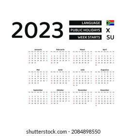 South Africa Calendar 2023. Week starts from Sunday. Vector graphic design. Afrikaans language.