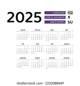 South Africa Calendar 2025. Week starts from Sunday. Vector graphic design. Afrikaans language.