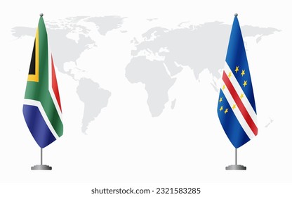 South Africa and Cape Verde flags for official meeting against background of world map.