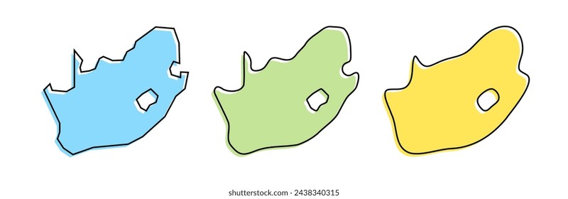 South Africa country black outline and colored country silhouettes in three different levels of smoothness. Simplified maps. Vector icons isolated on white background.