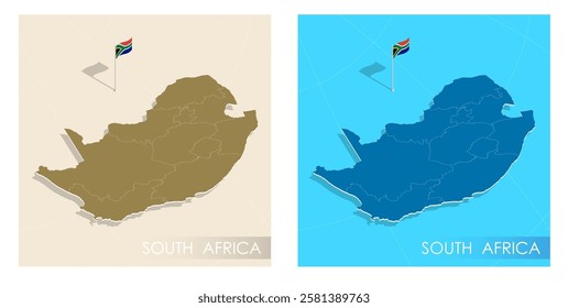 South Africa country flag installed on geographic positioning map point of country territory. South African commonwealth banner on land and sea. Festive patriotic HD format template independence day