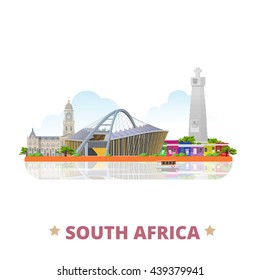 South Africa country flat cartoon style historic sight showplace vector illustration. World vacation travel Africa African collection. Moses Mabhida Stadium Cape Town City Hall Cape Good Hope Bo-Kaap.