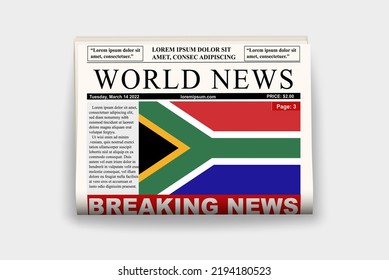 South Africa country newspaper with flag, breaking news on newsletter, South Africa news concept, gazette page with headline, journal with country flag, reading newspaper, streamer headline