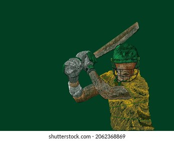 South Africa Cricket Batter In Playing Pose With Line Pattern On Green Background.