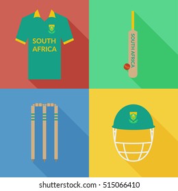 South Africa Cricket Icons In Flat Design With Long Shadows