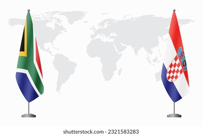 South Africa and Croatia flags for official meeting against background of world map.