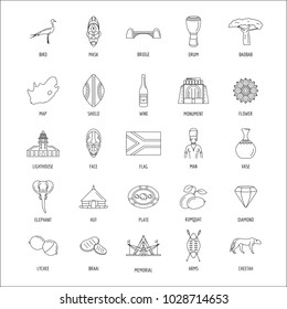 South Africa culture and traditions outline icons set. South Africa objects vector illustration isolated on white background. Elements of South Africa architecture and religion.