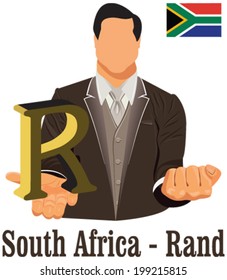 South Africa currency symbol Rand representing money and Flag. Vector design concept of businessman in suit with his open hand over with currency isolated on white background in EPS10.