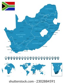 South Africa - detailed blue country map with cities, regions, location on world map and globe. Infographic icons. Vector illustration