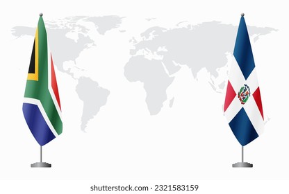 South Africa and Dominican flags for official meeting against background of world map.