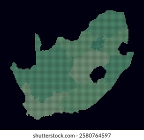 South Africa dotted map. Digital style map of the country on dark background. South Africa shape with circle dots. Colored dots style. Small size circles. Creative vector illustration.
