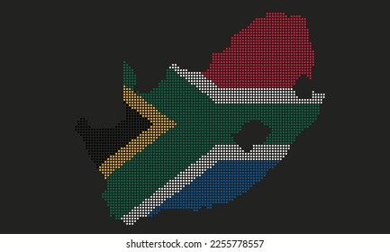 South Africa dotted map flag with grunge texture in mosaic dot style. Abstract pixel vector illustration of a country map with halftone effect for infographic. 