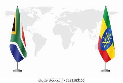 South Africa and Ethiopia flags for official meeting against background of world map.