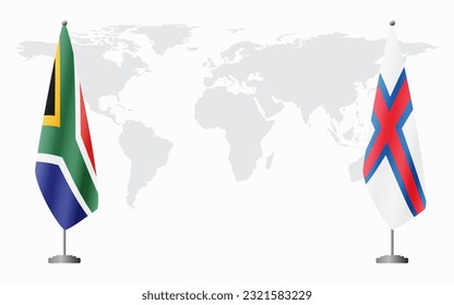 South Africa and Faroe Islands flags for official meeting against background of world map.