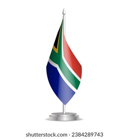 South Africa flag - 3D mini flag hanging on desktop flagpole. Usable for summit or conference presentaiton. Vector illustration with shading.