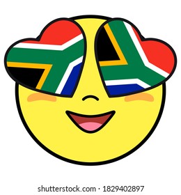 South Africa flag button. Patriotic smile in hearts glasses. Emoji icon isolated on white background.