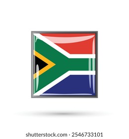 South Africa flag button square in standard colors glossy shiny 3D vector isolated illustration for Freedom Day April 27, Day of reconciliation 16th December, banners, posters, flyers, online websites