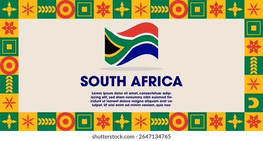 South Africa Flag Design banner with cultural design. Independence day design for South Africa celebration. Modern neo geometric retro design with flag, showcasing national pride and heritage.