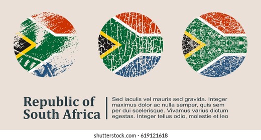 South Africa flag design concept. Flags collection textured in grunge style with country name. Image relative to travel and politic themes. Translation of the inscription: South Africa