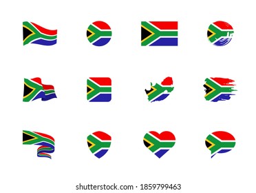 South Africa flag - flat collection. Flags of different shaped twelve flat icons. Vector illustration set