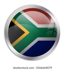 South Africa flag - glossy circle button displays a colorful flag representing a country cultural identity and heritage. The essence of national pride and unity.