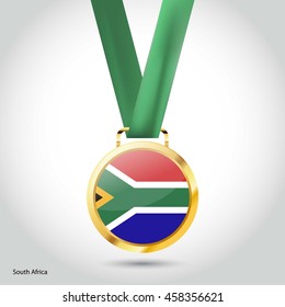 South Africa Flag in gold Medal. Vector Illustration. RIO Olympic Game gold Medal. Vector Illustration