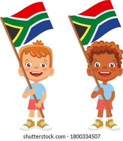 South Africa flag in hand. Children holding flag. National flag of South Africa vector