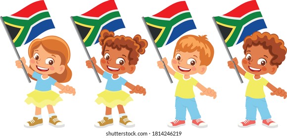 South Africa Flag In Hand. Children Holding Flag. National Flag Of South Africa Vector