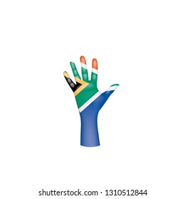 south africa flag and hand on white background. Vector illustration