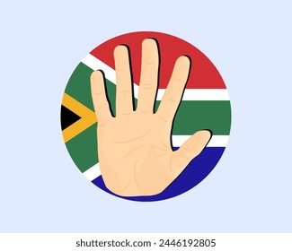 Südafrika-Fahne mit Handstopp-Schild, Protest- und Menschenrechtsidee, Vektorgrafik-Design, Protest in Südafrika, Einschränkung oder verbotenes Emblem, Verletzung der Meinungsfreiheit, Krieg beenden