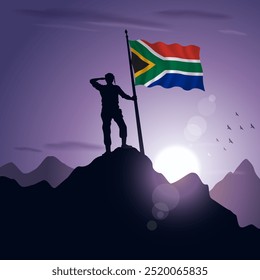 South Africa Flag hoisted on a mountain peak with a purplish sunset in the background, vector illustration
