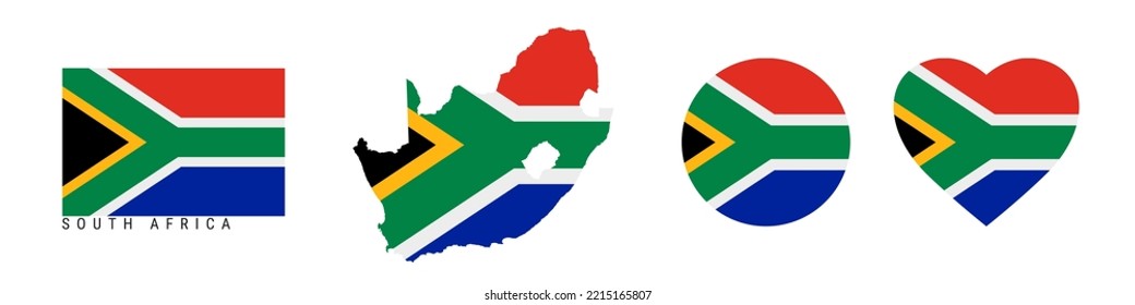 Juego de iconos de la bandera de Sudáfrica. Pendiente sudafricana en colores y proporciones oficiales. Rectangular, en forma de mapa, en círculo y en forma de corazón. Ilustración vectorial plana aislada en blanco.