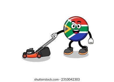 south africa flag illustration cartoon holding lawn mower , character design