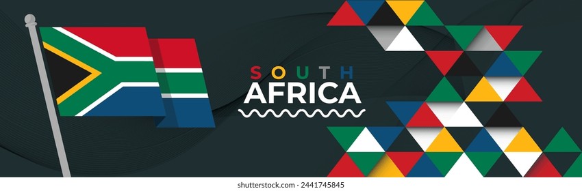 South Africa flag for national independence day banner, colorful background and geometric abstract modern design. South African flag, happy heritage day, or Nelson Mandela day theme, business vector.