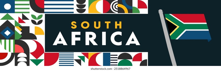 South Africa flag for national independence day banner, background with geometric abstract modern design. South African flag, happy heritage day, or Nelson Mandela day theme, business vector.