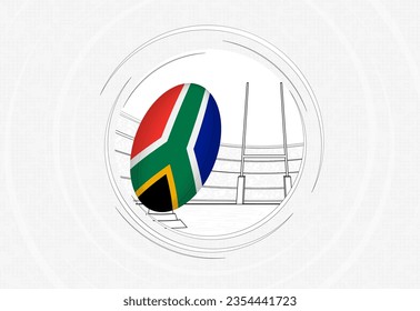 South Africa flag on rugby ball, lined circle rugby icon with ball in a crowded stadium. Vector sport emblem on abstract background.