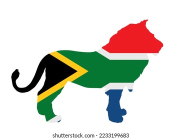 South Africa flag over lion animal vector silhouette illustration isolated on white background. Lion national animal symbol of South Africa shape shadow. Safari tourism invite. Patriotism and proud.