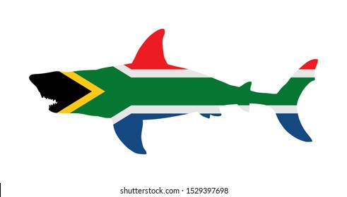 South Africa flag over Shark vector silhouette illustration isolated. Sea predator. Danger beach alert. Open jaws beast. Biggest fear for divers swimmers. Under water alert for diving swimming