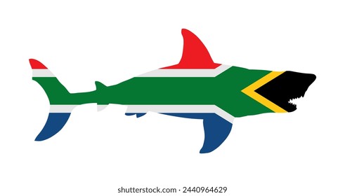 South Africa flag over Shark vector silhouette illustration isolated. Sea predator. Danger beach alert. Open jaws beast. Biggest fear for divers swimmers. Under water alert for diving swimming