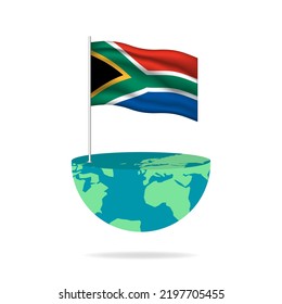 South Africa flag pole on globe. Flag waving around the world. Easy editing and vector in groups. National flag vector illustration on white background.
