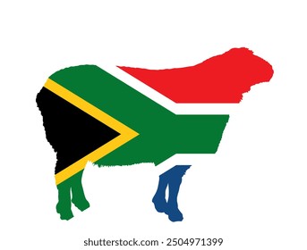 South Africa flag sheep vector silhouette illustration isolated. Lamb meat butcher shop emblem. Craft food restaurant. Domestic farm animal symbol. Organic food  producer national industry export.